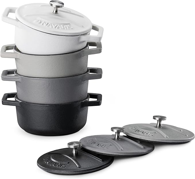 Navaris Cast Iron Round Cocottes (Set of 4) - 10.5cm Mini Cocotte Casserole Dishes with Enamel Coat, 290ml - Grey/White/Black