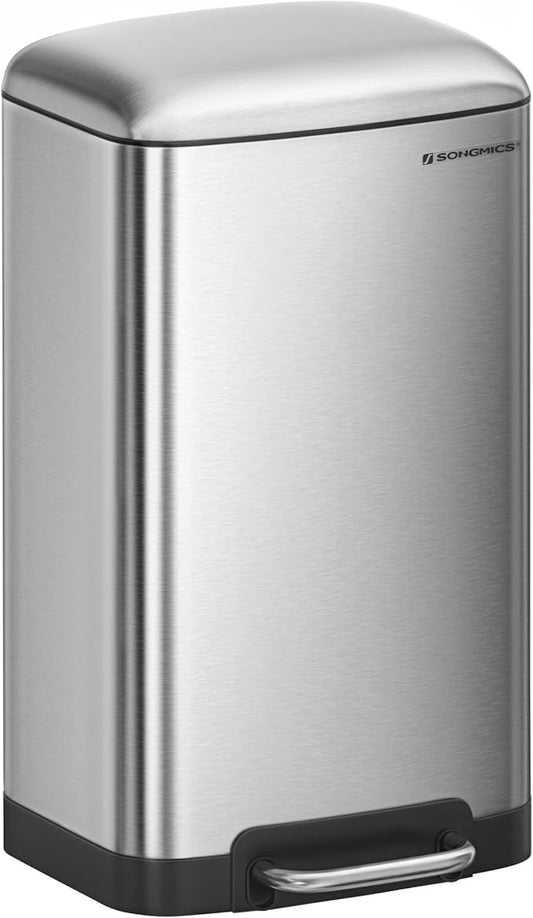 SONGMICS Rubbish Bin, 30L Trash Can, Steel Pedal Bin, with Inner Bucket and Lid, Soft Closure, Airtight, for Kitchen, Living Room, Silver Colour LTB01L, Metallic