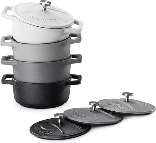 Navaris Cast Iron Round Cocottes (Set of 4) - 10.5cm Mini Cocotte Casserole Dishes with Enamel Coat, 290ml - Grey/White/Black